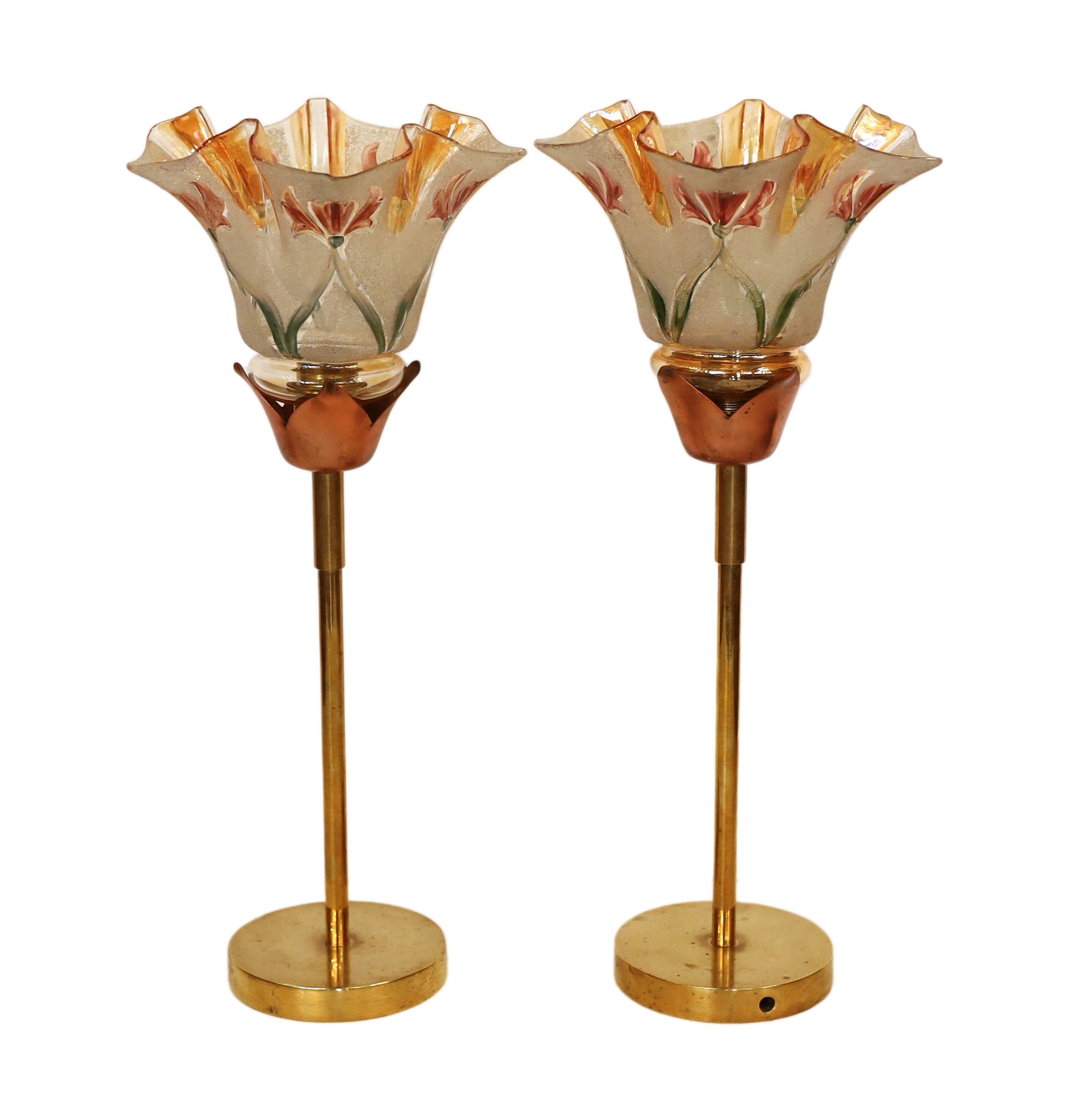 A pair of 1930s lacquered brass table lamps with later Czech glass shades, height 35cm